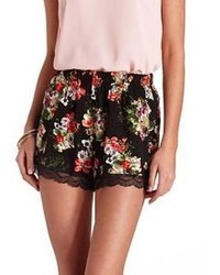 Charlotte Russe Lace Trimmed Floral Print High Waisted Shorts