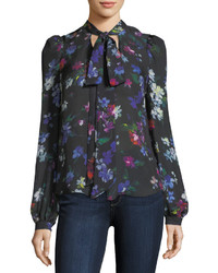 Milly Tie Neck Painted Floral Georgette Silk Blouse