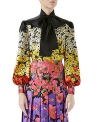 Gucci Degrade Floral Print Silk Tie Neck Blouse