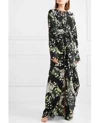 Oscar de la Renta Draped Floral Print Silk Twill Maxi Dress