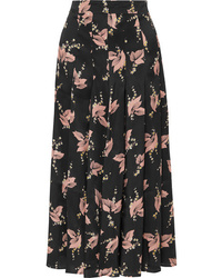 Black Floral Silk Midi Skirt