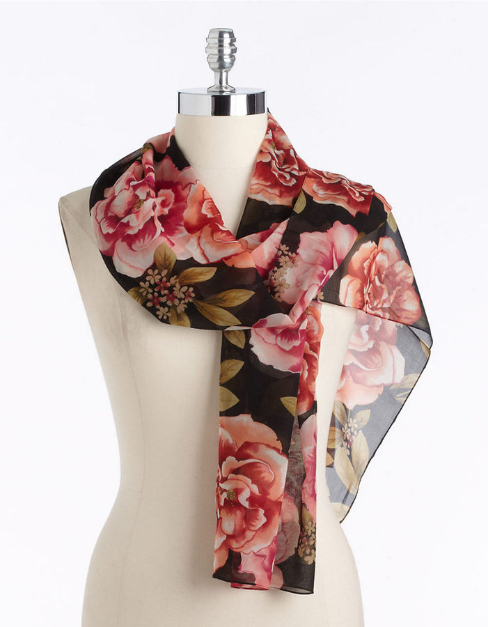Vintage silk long scarf \\Sheer silk scarf Flowers on black silk scarf Present for women Black sheer silk scarf floral print