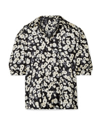Black Floral Silk Short Sleeve Button Down Shirt