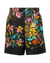 Black Floral Silk Shorts