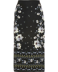 Erdem Maira Floral Print Silk Crepe Midi Skirt Black