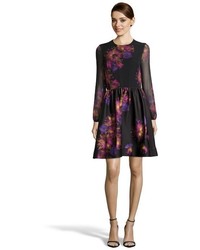 Taylor Black And Fuchsia Floral Printed Chiffon Fit And Flare Dress