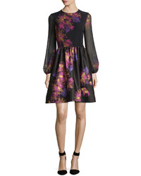 Taylor Floral Long Sleeve Fit And Flare Dress Black Amethyst