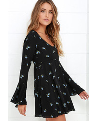 Honey Punch One Steppe Ahead Black Floral Print Dress