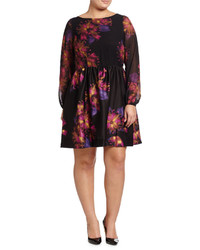 Taylor Plus Floral Print Long Sleeve Fit And Flare Dress Black Amethyst