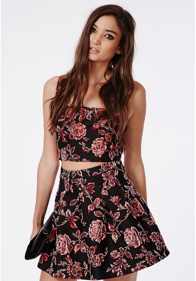 Missguided Metallic Floral Brocade Skater Skirt Black, $50 | Missguided ...