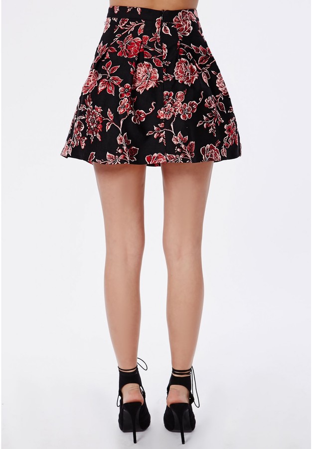 Missguided Metallic Floral Brocade Skater Skirt Black, $50 | Missguided ...