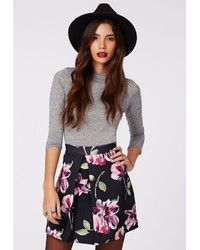 Missguided Seara Floral Print Front Pleat A Line Mini Skirt Black
