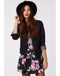 Missguided Seara Floral Print Front Pleat A Line Mini Skirt Black
