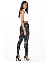 Boohoo Riley Mono Floral Two Pocket Stretch Trousers