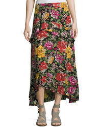 Etro Floral Embroidered High Low Midi Skirt Black Multi