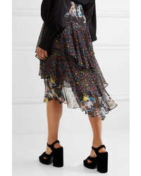Jason Wu Ruffled Floral Print Silk Chiffon Midi Skirt Black