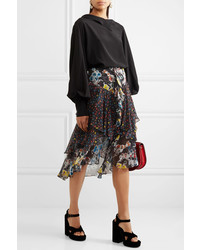 Jason Wu Ruffled Floral Print Silk Chiffon Midi Skirt Black