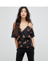 Fashion Union Petite Floral Print Cold Shoulder Cami Wrap Top In Country Rose Print Multi