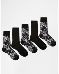 Asos Brand Socks 5 Pack With Monochrome Floral Design