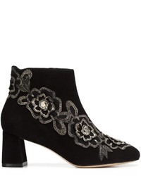 Black Floral Suede Ankle Boots