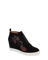 Black Floral Suede Wedge Ankle Boots