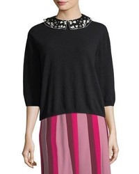 Valentino Floral Embroidered Wool Cashmere Collared Sweater