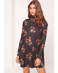 Missguided Turtle Neck Long Sleeve Jersey Swing Dress Floral Brown