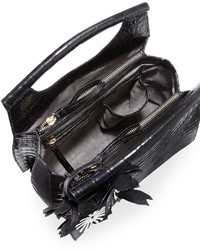 Nancy Gonzalez Crocodile Medium Floral Top Handle Tote Bag Black
