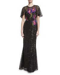 Marchesa Notte Short Sleeve Floral Sequin Tulle Gown Black