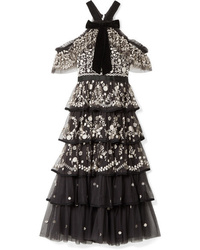 Black Floral Tulle Midi Dress