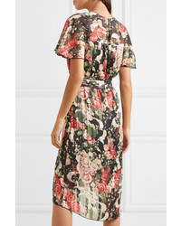 Anna Sui Asymmetric Pleated Floral Print Satin Dress