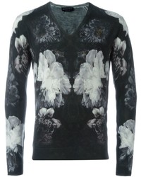 Black Floral V-neck Sweater