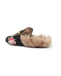 Gucci Princetown Horsebit Detailed Shearling Lined Floral Print Velvet Slippers