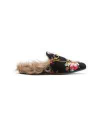 Gucci Princetown Horsebit Detailed Shearling Lined Floral Print Velvet Slippers