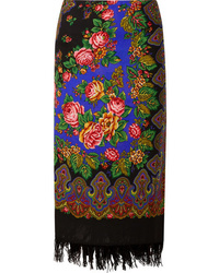 Black Floral Wool Midi Skirt