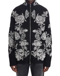 Valentino Floral Print Ribbed Full Zip Sweater