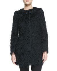 RED Valentino Fuzzy Coat With Faille Bow Black