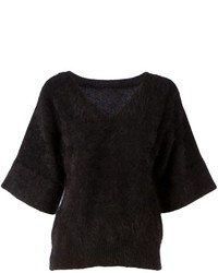 Black Fluffy V-neck Sweater