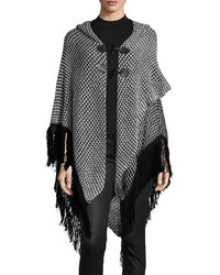 Neiman Marcus Fringed Knit Toggle Front Cape Black Paint