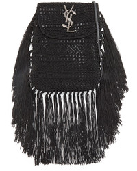 Saint Laurent Anita Fringe Crochet Leather Small Crossbody Bag Black
