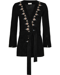 Talitha Fringed Embroidered Suede Kimono Jacket Black