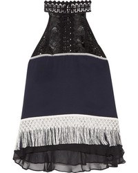 JONATHAN SIMKHAI Fringed Guipure Lace And Chiffon Trimmed Silk Crepe Top Midnight Blue
