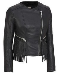 Black Rivet Leather Collarless Fringe Moto Jacket