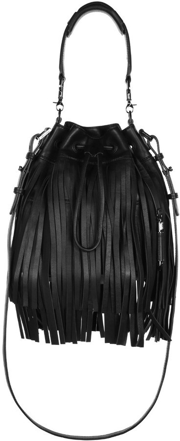 black fringe bucket bag