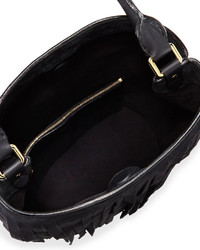 Black Leather suede fringed bucket bag – lusciousscarves