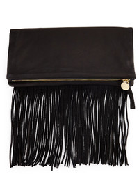 Clare Vivier Clare V Leather Fold Over Fringe Clutch Bag Black