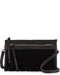 Neiman Marcus Faux Leather Crossbody Bag With Suede Fringe Black