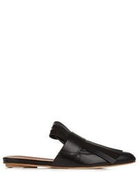 Black Fringe Leather Flat Sandals