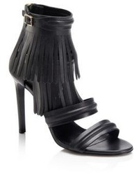 Black Fringe Leather Heeled Sandals