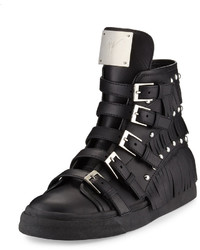 Black Fringe Leather High Top Sneakers